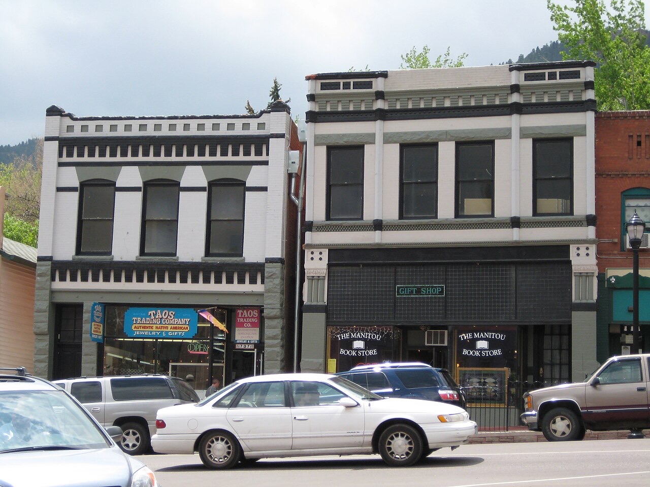 Historic brick storefronts on the main street of Manitou Springs